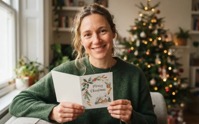 a person holding a festive Christmas card