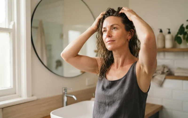 a woman massaging her scalp in a bathroom