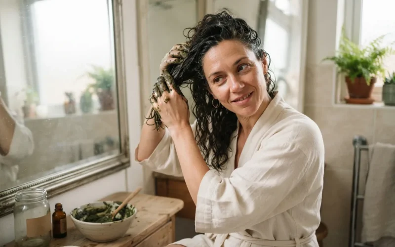 a woman applying a natural mixture to her hair in a bathroom