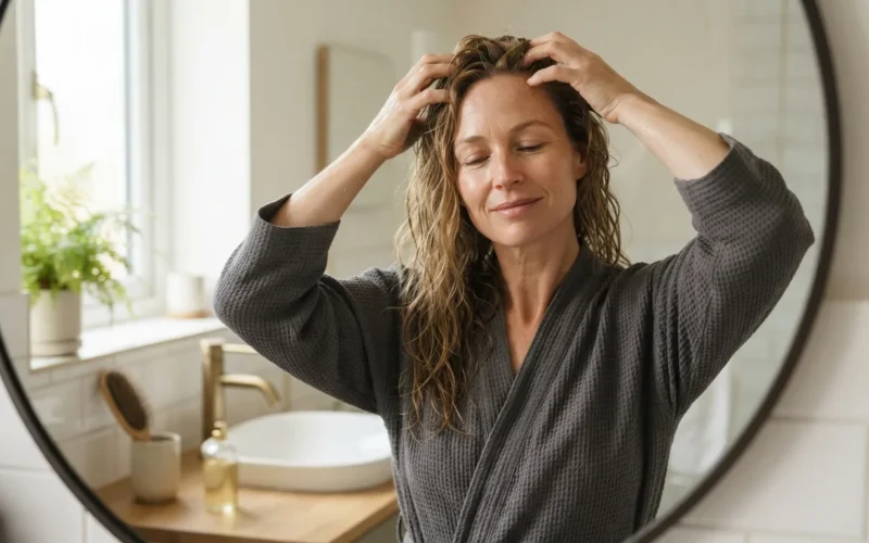 a woman gently massaging her scalp in a bathroom