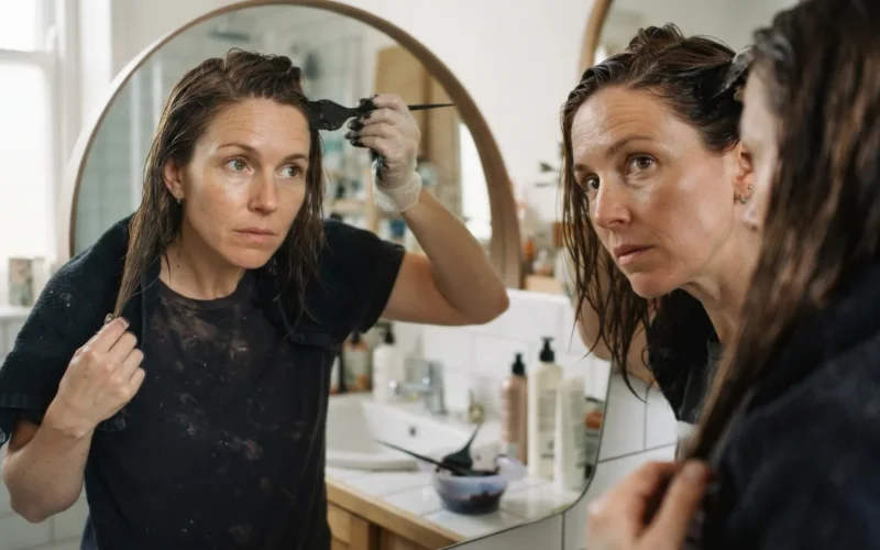 a woman applying hair dye in a bathroom mirror