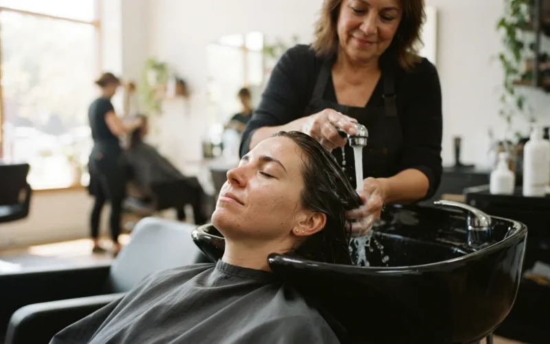a woman having her hair washed in a salon