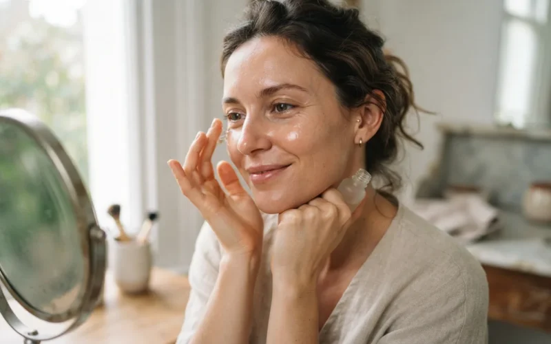 a woman applying a skincare product to her face