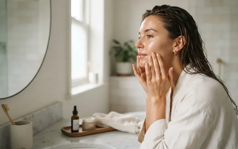 a woman applying skincare products to her face in a bathroom