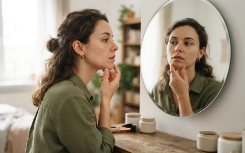 a woman touching her jaw or chin while looking at a mirror