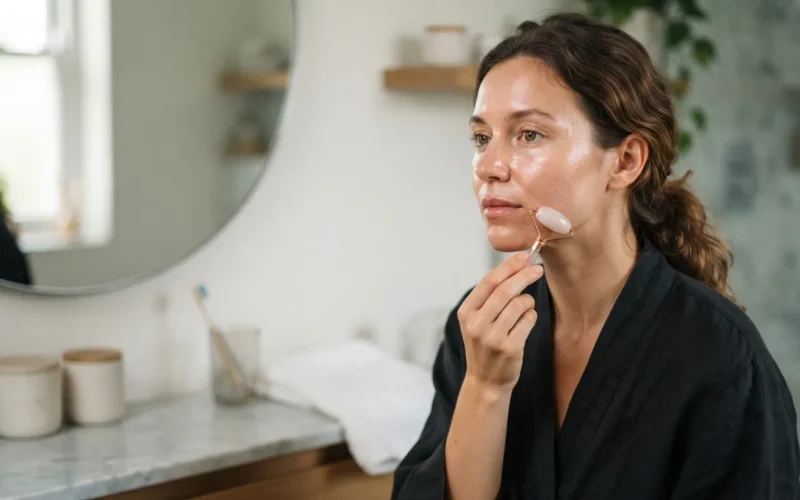 a woman applying a small roller to her face in a bathroom