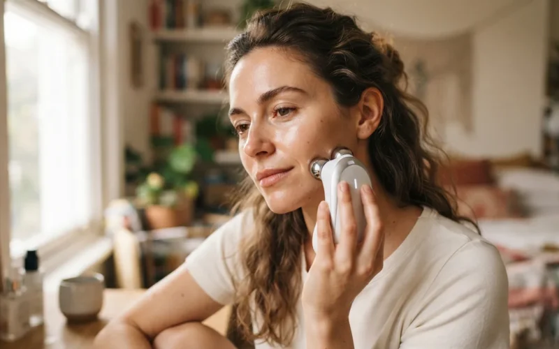 a woman using an electronic skincare device on her face