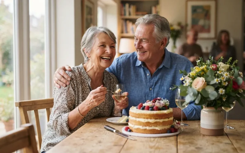 a happy older couple celebrating with a cake and flowers
