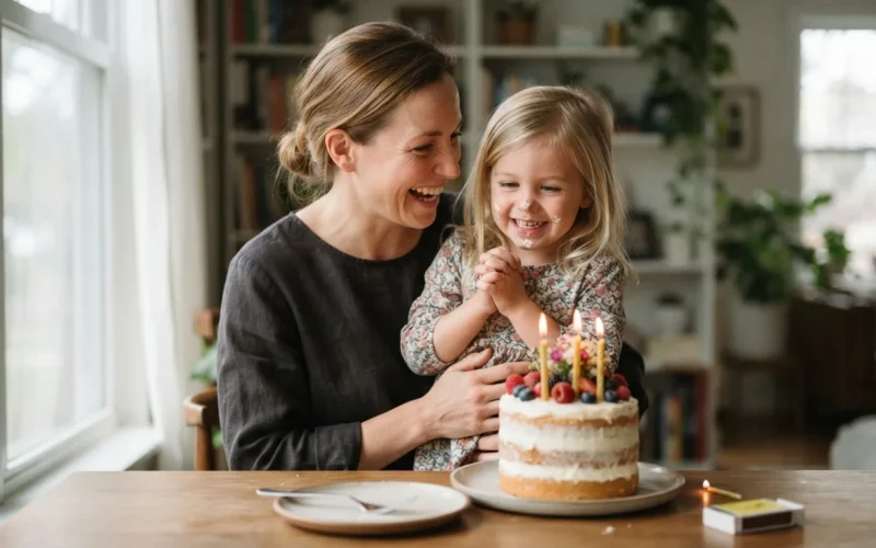 a parent and child with a birthday cake