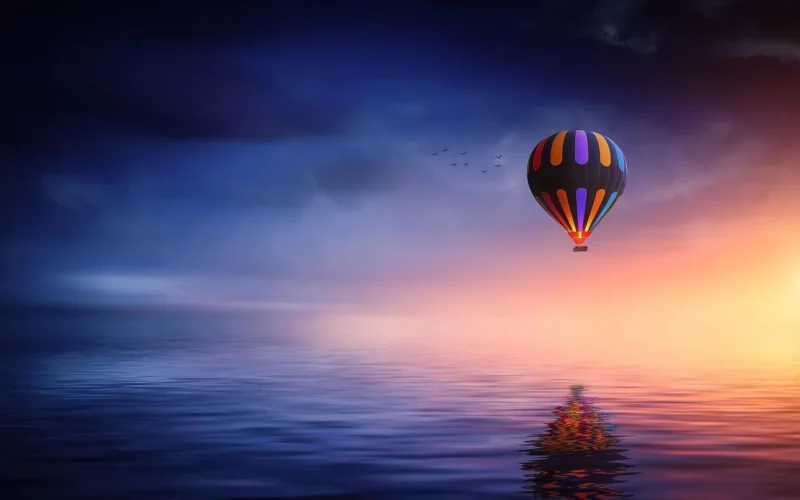 balon na gorące powietrze, jezioro, balon, natura, zachód słońca, niebieski, żółty, kolorowy, niebo, chmury, odbicie, ruchomy, śnić, fantazja, niebieskie niebo, niebieski zachód słońca, niebieskie chmury, niebieski fantasy, blue dream, błękitne jezioro, niebieski kolor