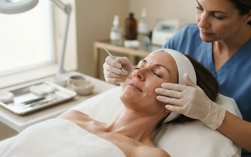 a woman receiving a facial treatment in a dermatology clinic