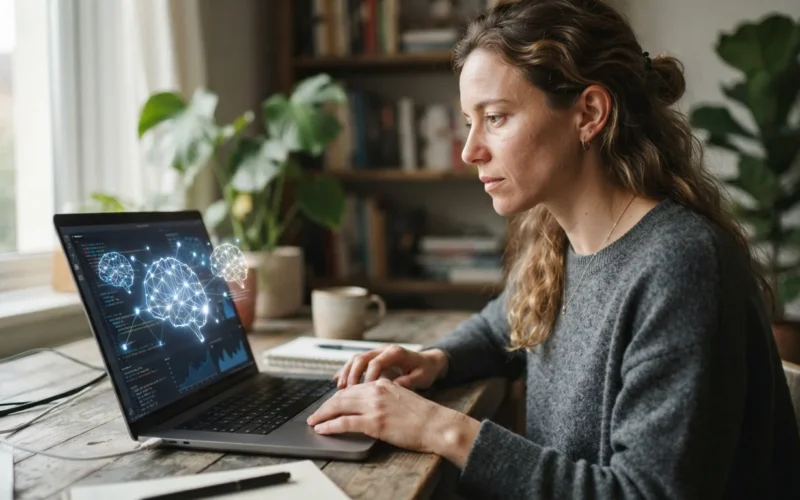 a person working on a laptop with glowing digital brain icons