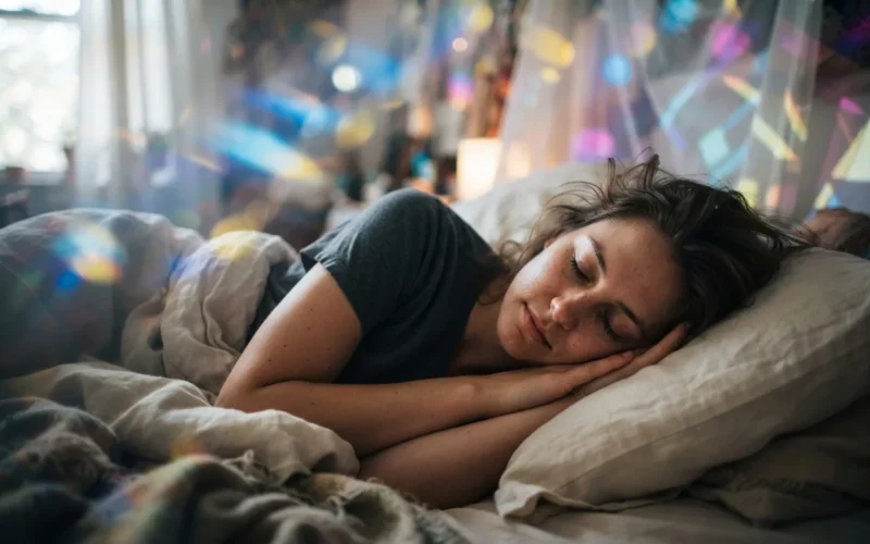 a person sleeping surrounded by colorful light and abstract shapes