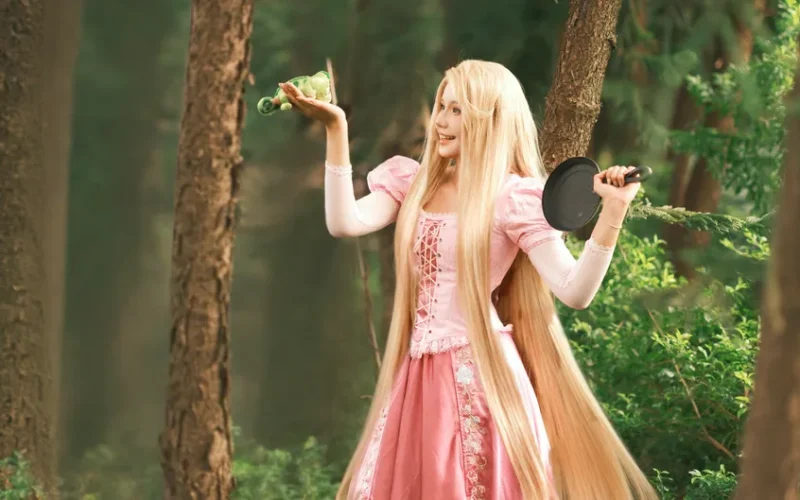 Cosplayer dressed as a fairy tale character in a lush green forest.