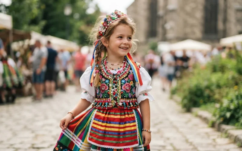 a child wearing a handmade colorful costume