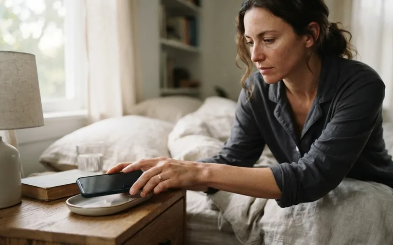a person putting away a smartphone on a nightstand
