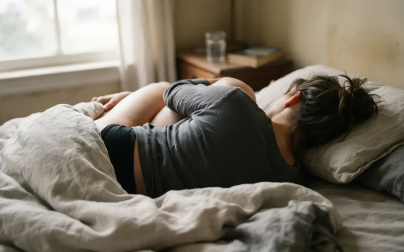 a person lying in the fetal position on a bed