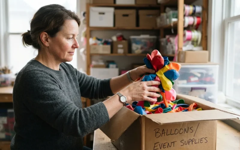 a person arranging colorful balloons into a storage box