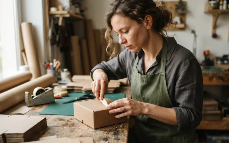 a person crafting a small cardboard box