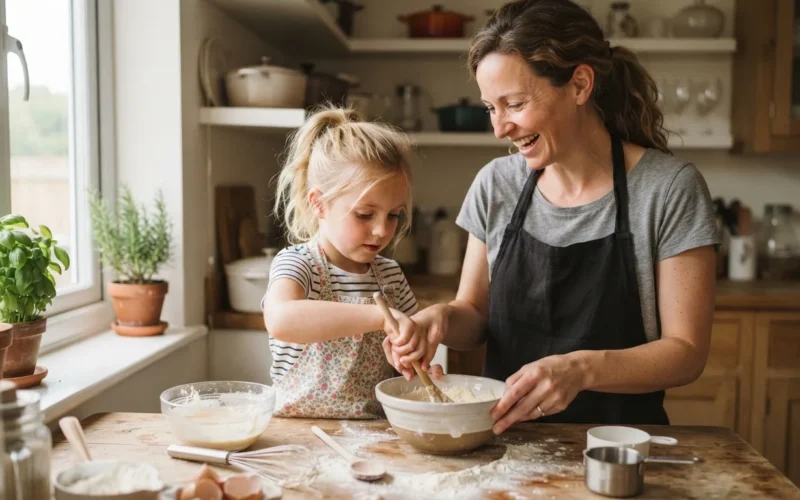 a parent and child cooking together in a kitchen