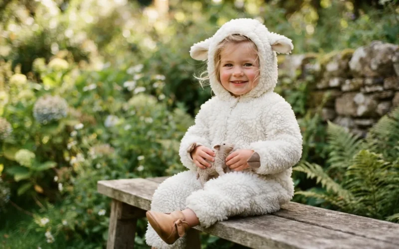 a child wearing a fluffy white sheep costume