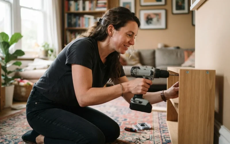 a person holding a drill in a living room
