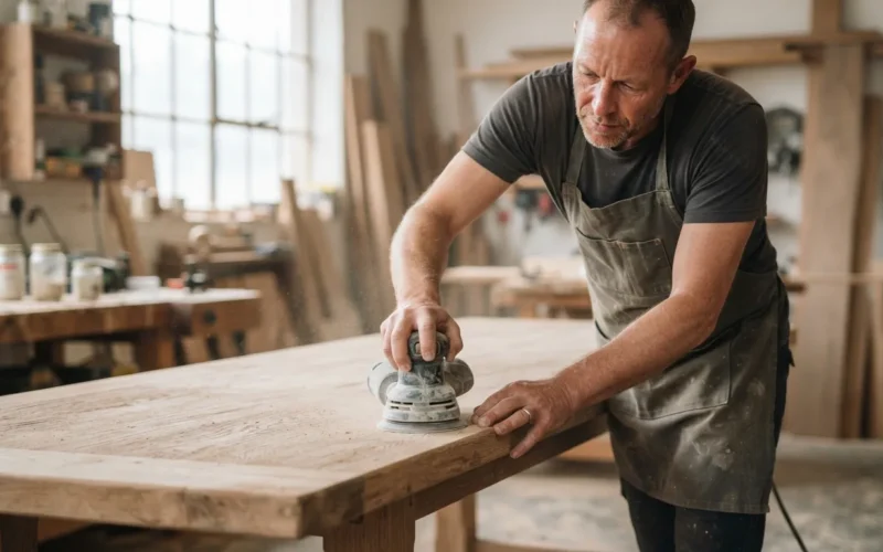 a person sanding a wooden table