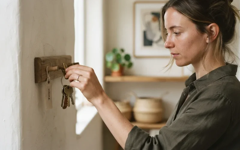 a person hanging keys on a wall-mounted key holder