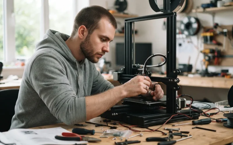 a person assembling a 3D printer at a desk