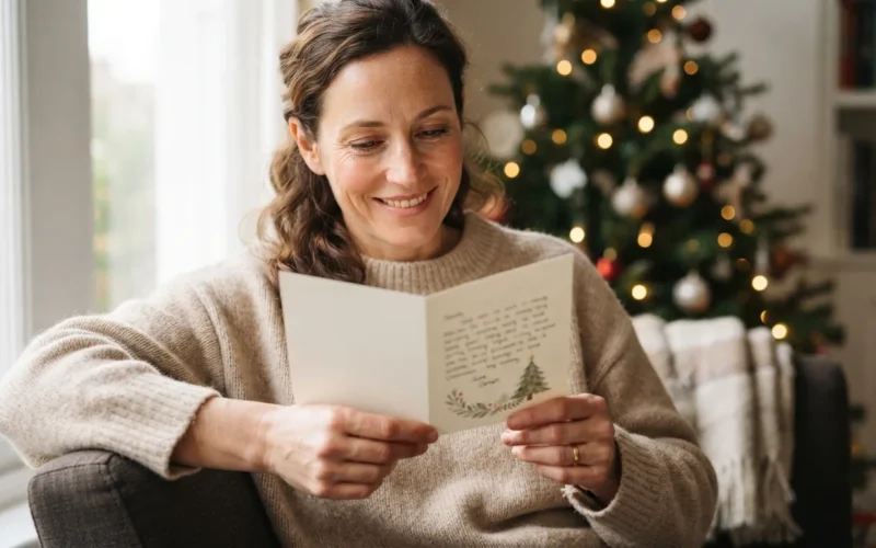 a person holding a Christmas card