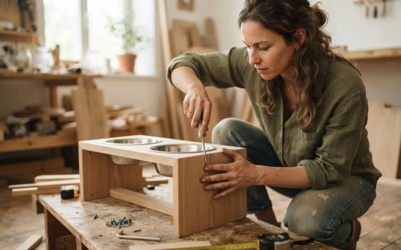 a person assembling a wooden dog bowl stand