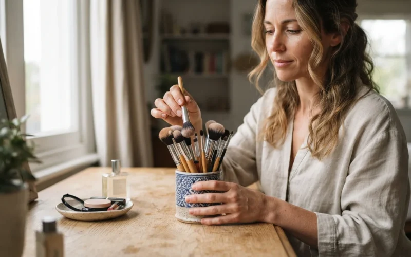 a woman arranging makeup brushes in a decorative container