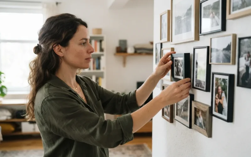 a person arranging framed photos on a wall