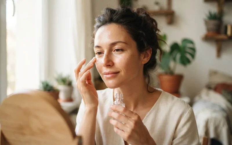 a woman applying a serum to her face