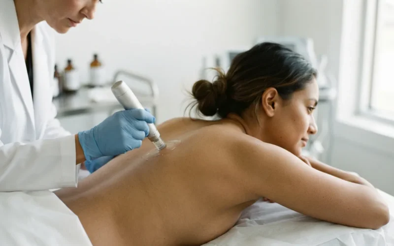 a woman receiving a cosmetic skin treatment on her scalp or body in a clinic