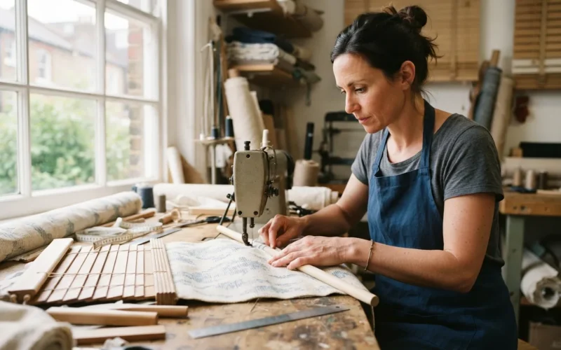 a person crafting a decorative window blind