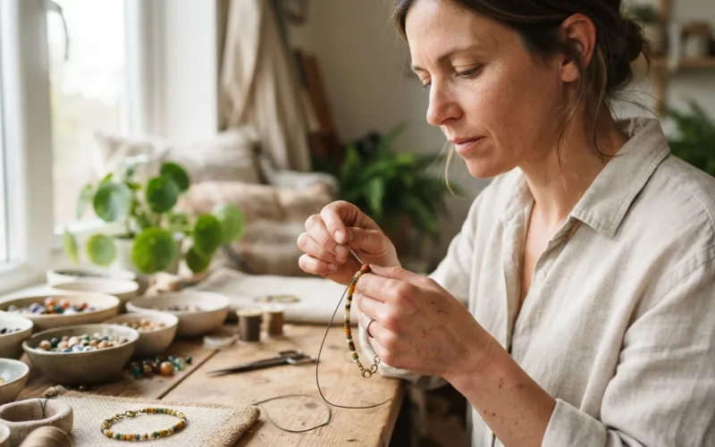 a woman making a bracelet from beads and thread