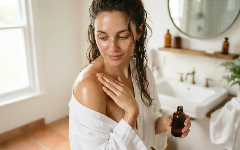 a woman applying body oil in a bathroom