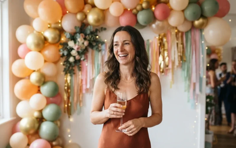 a decorated party backdrop with balloons and streamers