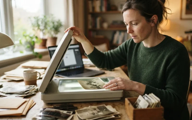 a person scanning old photographs at a desk