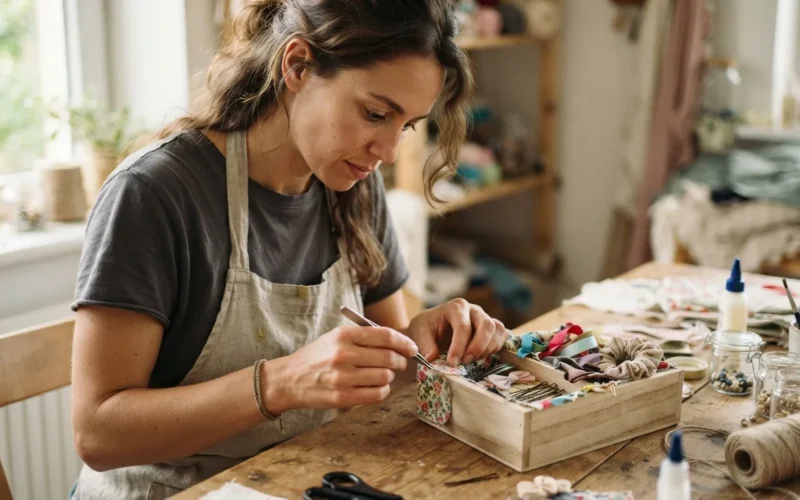 a person crafting a small storage box with hair accessories