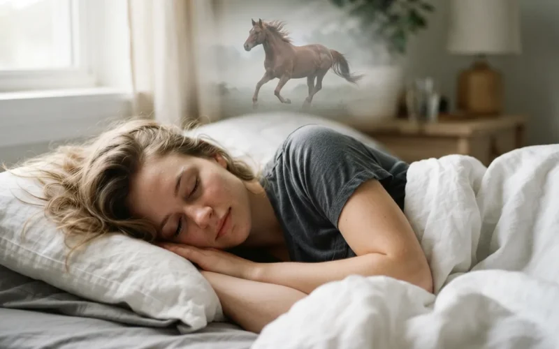 a person sleeping in bed dreaming of a horse