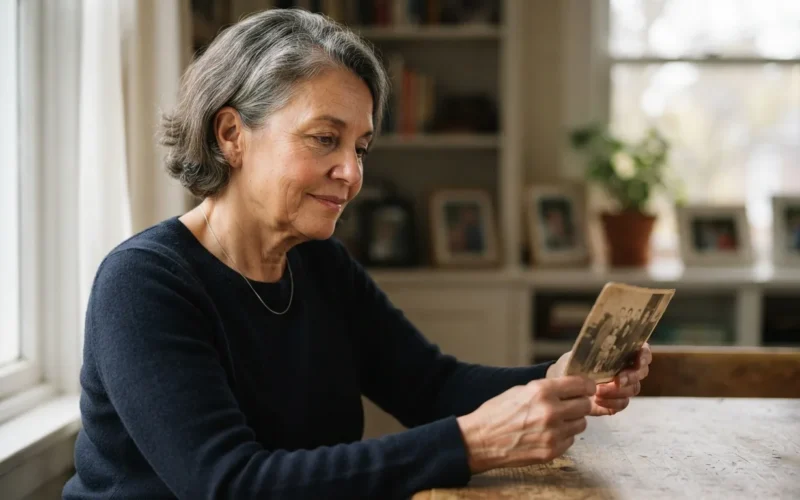 a woman looking thoughtfully at an old photograph