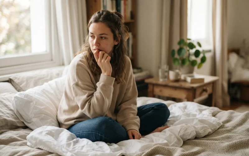 a woman sitting on a bed looking thoughtful