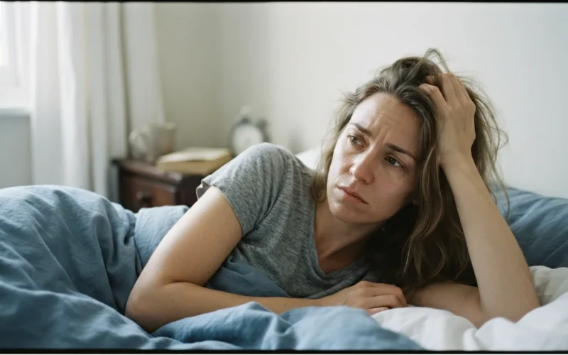 a person lying in bed looking restless or anxious