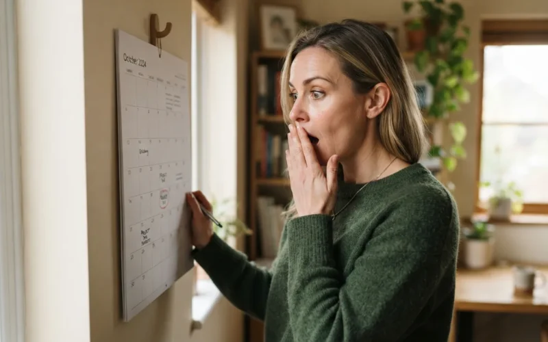 a woman looking at a calendar with a surprised expression