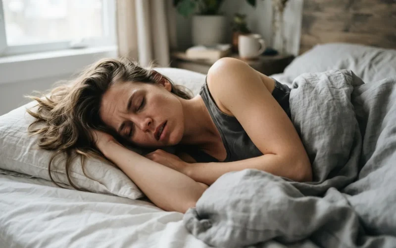 a woman sleeping restlessly in bed