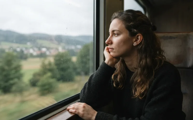a person looking out of a train window