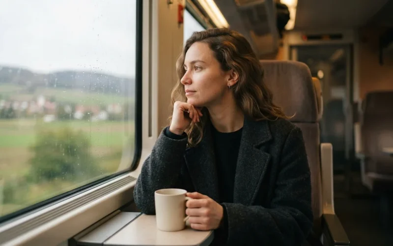 a person sitting alone on a train looking out the window