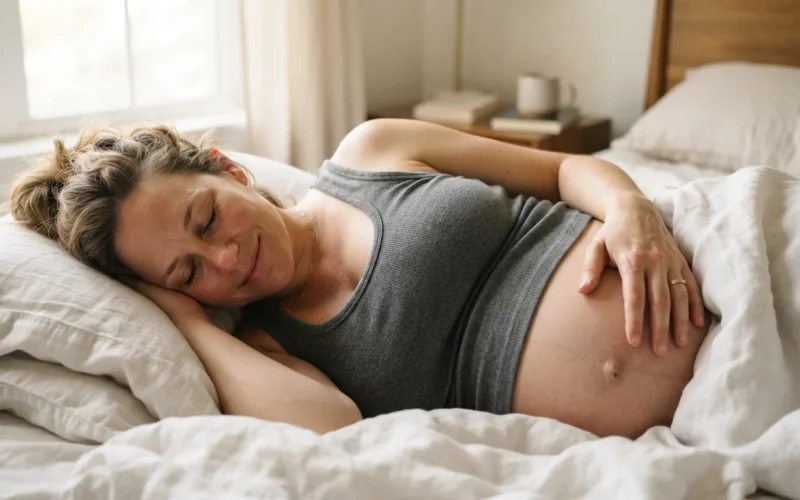 a pregnant woman lying on her side in bed